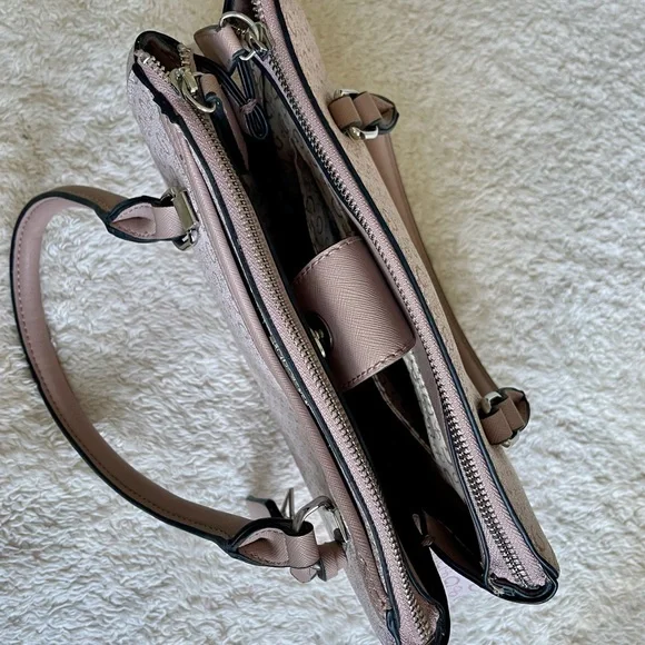 GUESS Blush Pink Allover Logo Monogram Satchel Hand Bag Purse - Picture 7 of 13